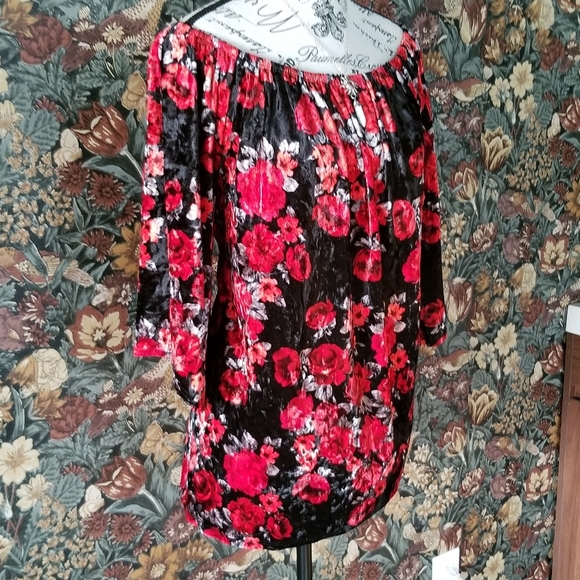 Black and Red Roses Floral velvet top Off Shoulder 3XL - Picture 5 of 6